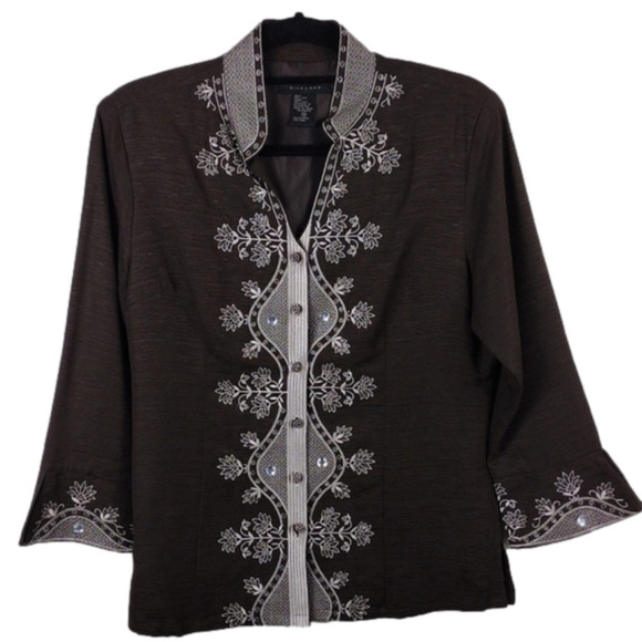 SilkLand Tops - Silkland 100% Silk Brown Floral Embroidered Jewel Mandarin Collar Blouse Top